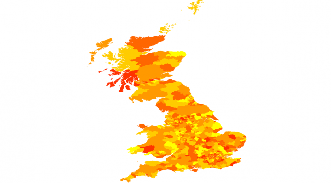 A map of the UK showing the number of tweets per constituency.