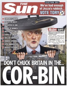 Sun front page, Thursday 2 June 2017, a picture of Jeremy Corbyn emerging from a dustbin above the headline 'Don't chuck Britain in the cor-bin'.