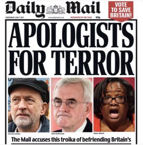 Daily Mail front page, Wednesday June 1 2017. Pictures of Jeremy Corbyn, John McDonnell, and Diane Abbott below the headline 'Apologists for terror'.
